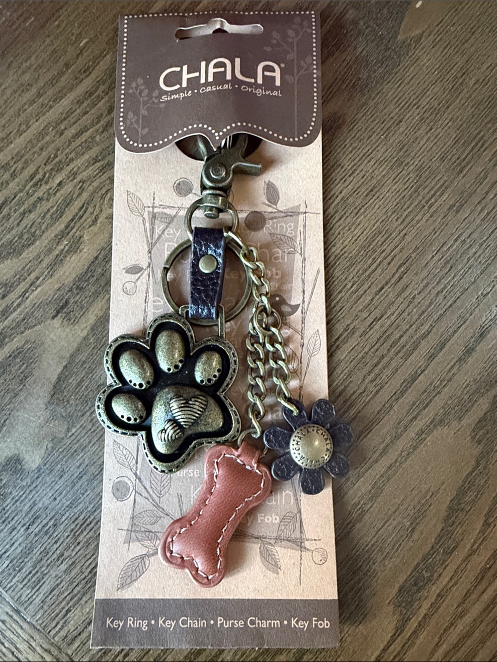 Chala Bronze Paw & Bone Keychain Charm with Brown Bone Accent